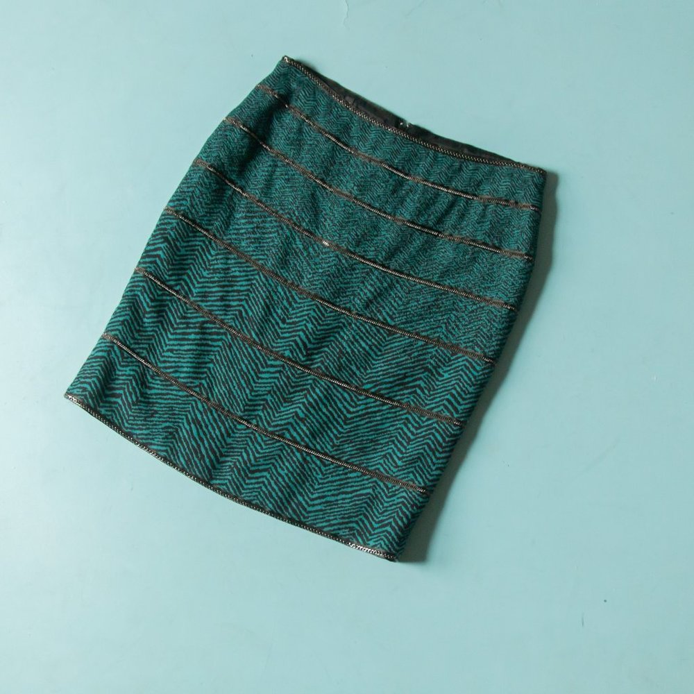 Carlisle Dark Turquoise Chain Detail 100% Wool Knit Pencil Skirt Sz US 10